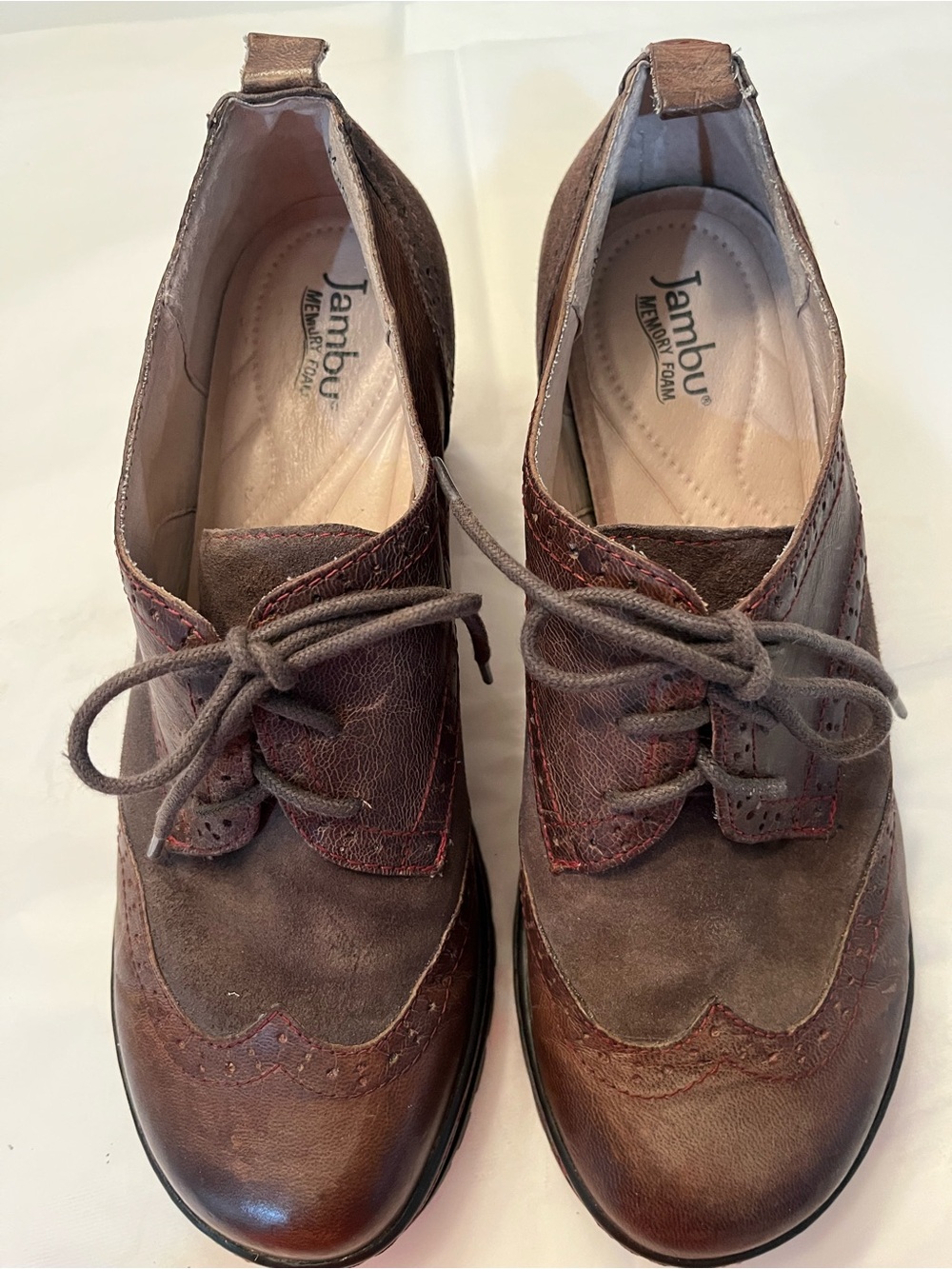 Jambu Seattle Brown Leather Suefe Wingtip Oxford Wedge Heels Women’s 9